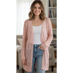 Mudd Open Knit Crochet Pink Cardigan Size XL